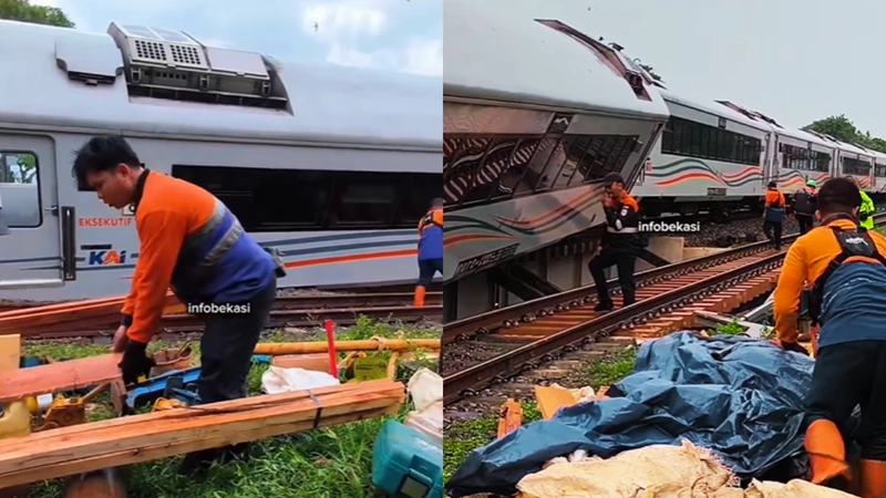 Ka Purwojaya Anjlok Di Bekasi.